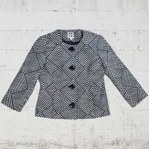 Anne Klein Black Tweed Retro Diamond Single Breasted Cropped Blazer Size 2P